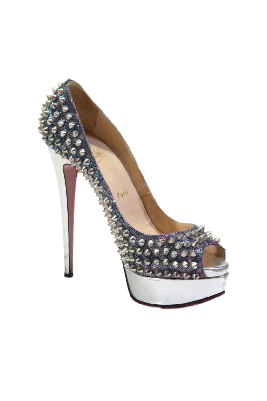 Trendy Peep Toe Platform Heels Crafted from Genuine Leather--Christian Louboutin Womens Leather Studded Peep Toe Pumps Silver