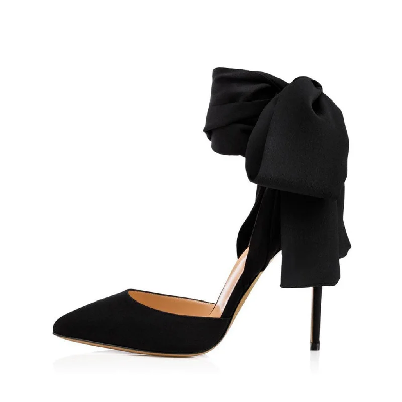 Stiletto Heel Pumps with Perfect Fit--Dramatic Ankle Bow Tie Pointed Toe Stiletto Satin Pumps - Black-Fashionable & Classic