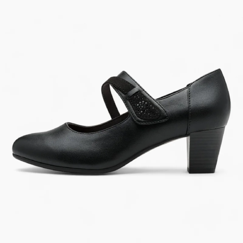 Trendy Chunky Heel Pumps for Casual Wear--Jana Softline Black Low Block Heel – Wide Fit with Cushioned Insole