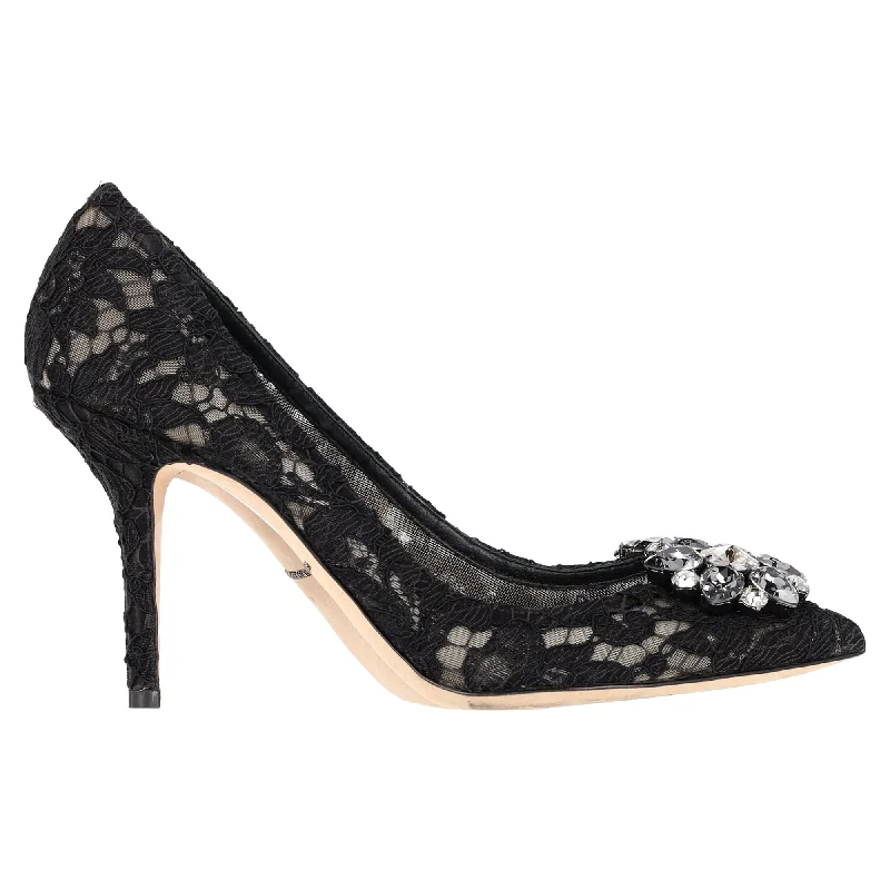 Dolce & Gabbana Lace Rainbow Pumps with Brooch in Black Rayon---Charming Bow Pumps for a Cute and Stylish Look