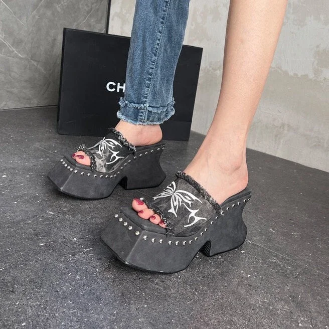 Stylish Platform Slides for Women, High Heel Pumps, Black Denim Rivet Heels, Peep Toe Square Head High Heels, Square Toe Platform Slippers---Durable Square Toe Block Heels for Everyday Use