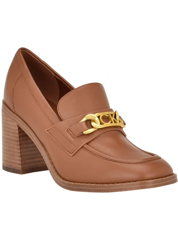 Trendy Chunky Heel Pumps for Casual Wear--Roberte Womens Faux Leather Embellished Logo Loafer Heels