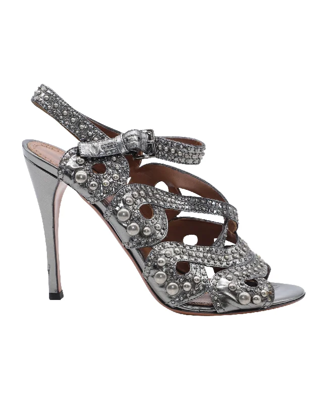 Alaia Studded Strappy High Heels in Silver Leather---Affordable Strappy Platform Heels with Premium Quality