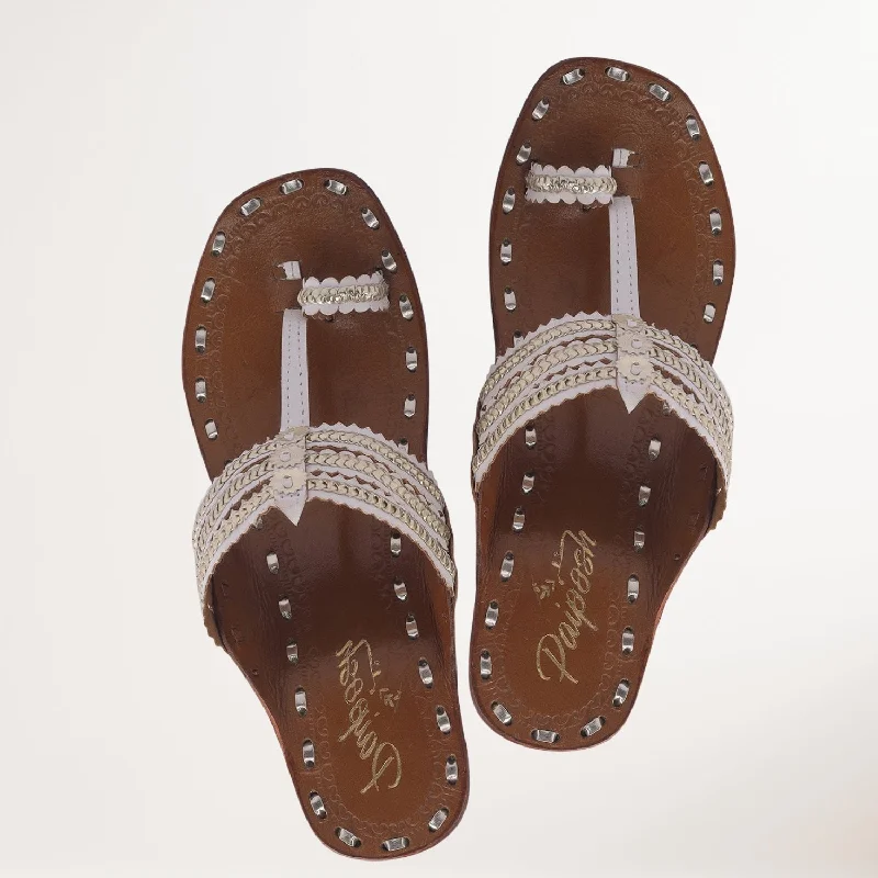 Versatile Heeled Sandals for Any Occasion---White Kongri Kolhapuris For Women | Block Heeled | Hand Crafted | Formal Wear