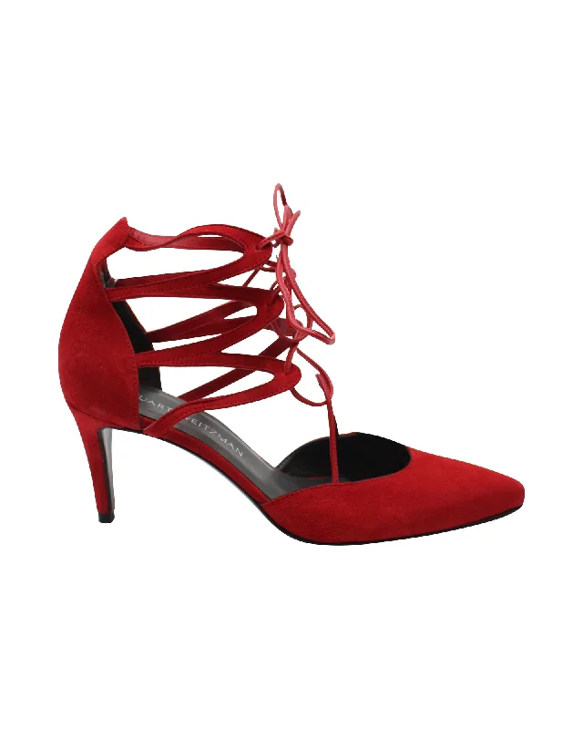 Affordable Suede Ankle Pumps for All-Day Wear--Stuart Weitzman Strappy Pumps in Red Suede