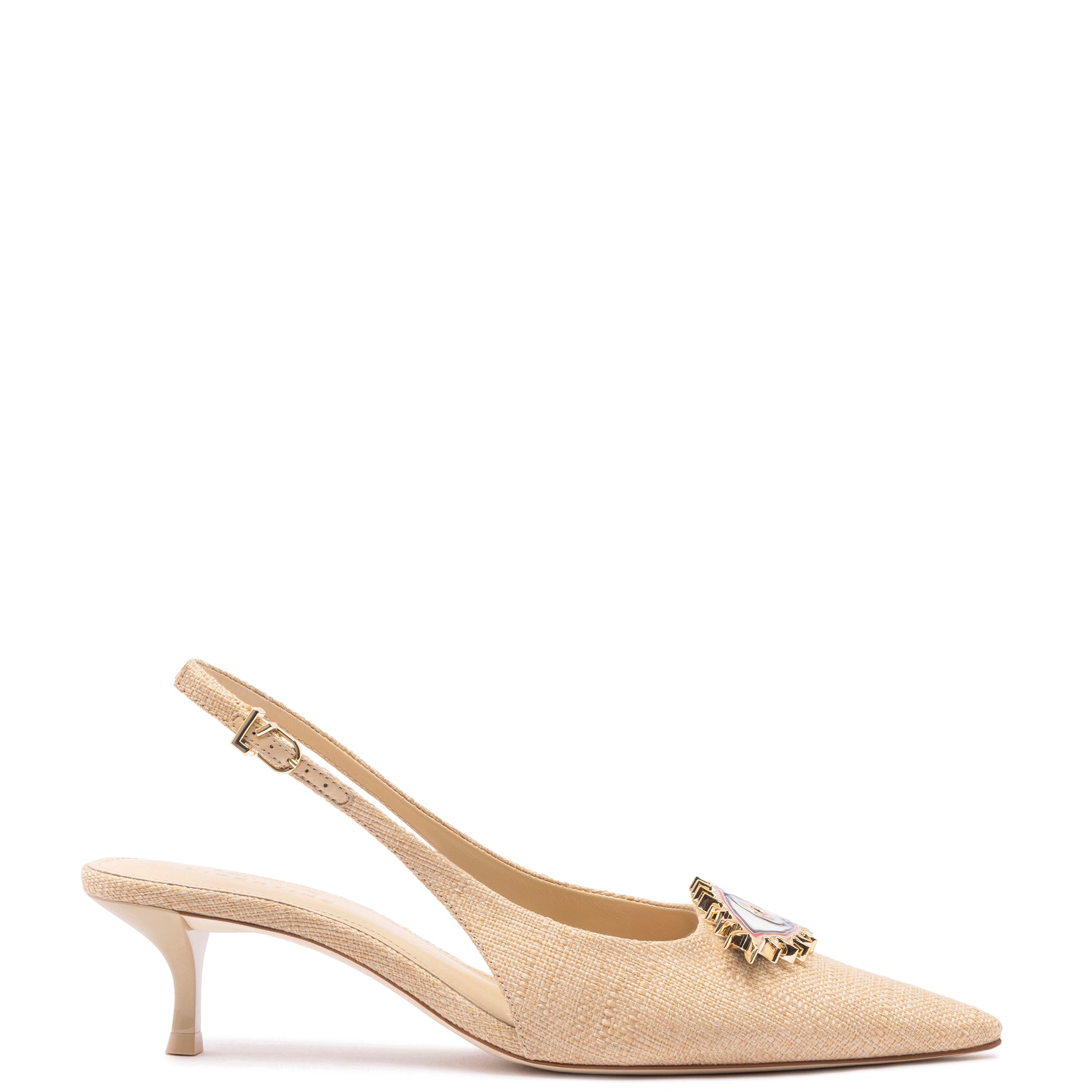 Versatile Heeled Sandals for Any Occasion---Larroudé x Libertine Eye Pump Lo In Beige Raffia