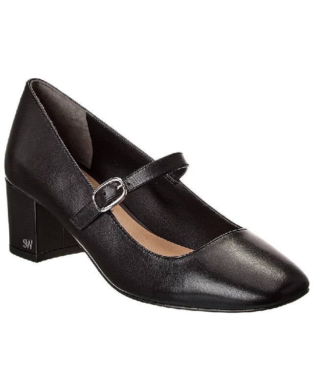 Stuart Weitzman Louise 50 Block Leather Mary Jane Pump---Comfortable Leather Pumps for Office and Everyday Wear