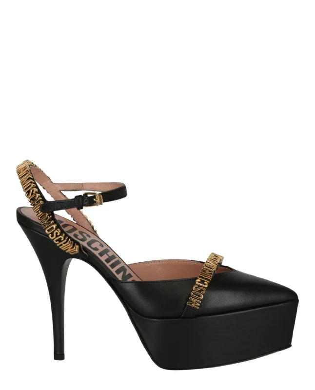 Stylish Ankle Strap Heels for Women--Moschino Womens Logo Lettering Ankle Strap Pumps