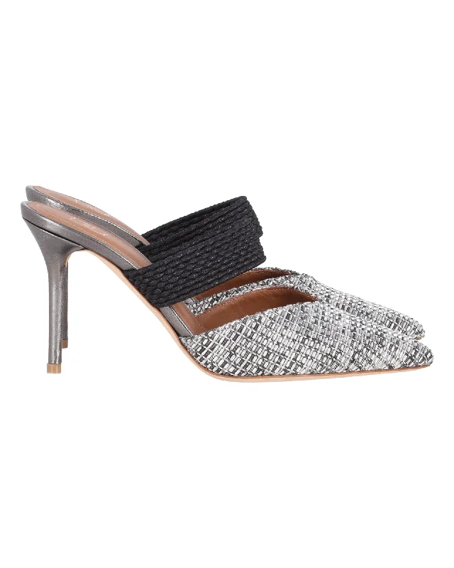 Stiletto Heel Pumps with Perfect Fit--Malone Souliers Maisie Woven Pointed Toe Mule Pumps in Silver Nylon-Fashionable & Classic