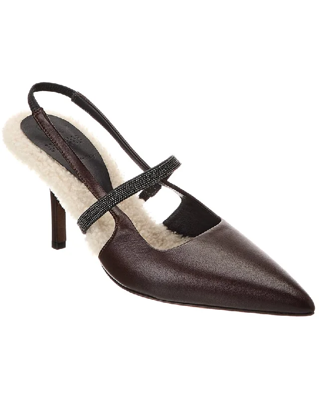 Brunello Cucinelli Leather & Shearling Slingback Pump---Comfortable Leather Pumps for Office and Everyday Wear