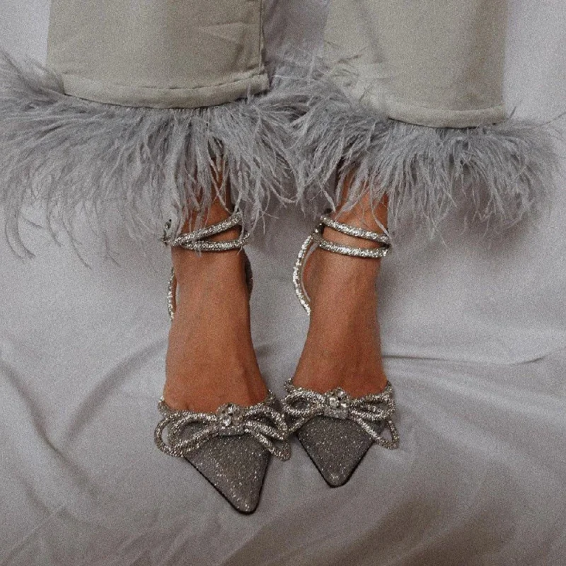 Galaxy Silver Glitter Wrap Around Bow Heels---Trendy Glitter Heels for a Glamorous Look