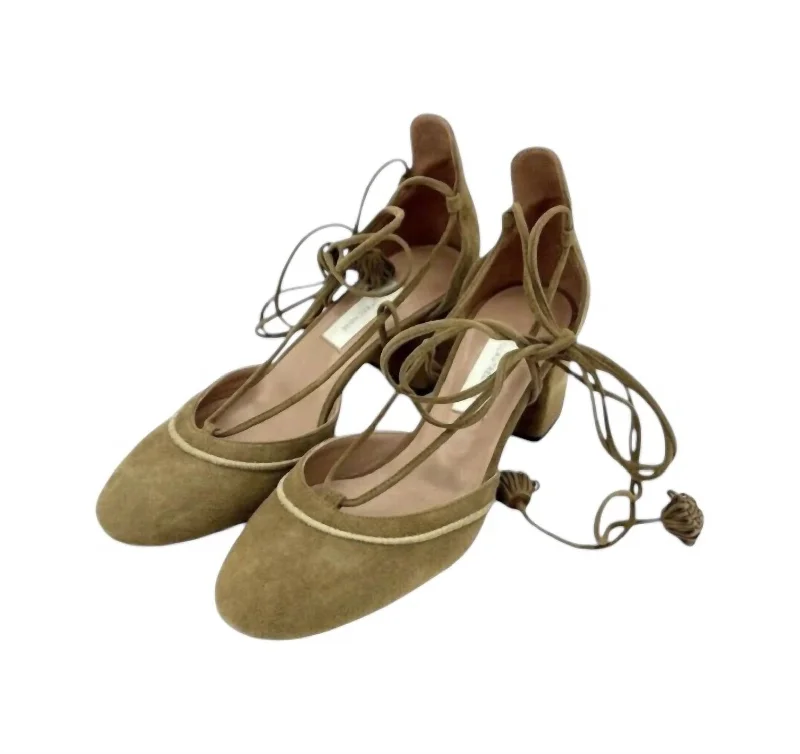 Affordable Suede Ankle Pumps for All-Day Wear--Women's Camel Suede Leather Tasseled Ankle Wrap Heels In Camel Brown