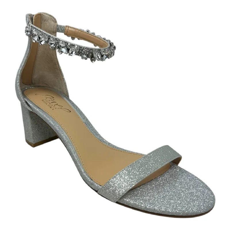 Katerina Embellished Ankle Strap Glitter Shoes Heels Block By Badgley Mischka In Silver, Size: 7.5---Trendy Glitter Heels for a Glamorous Look