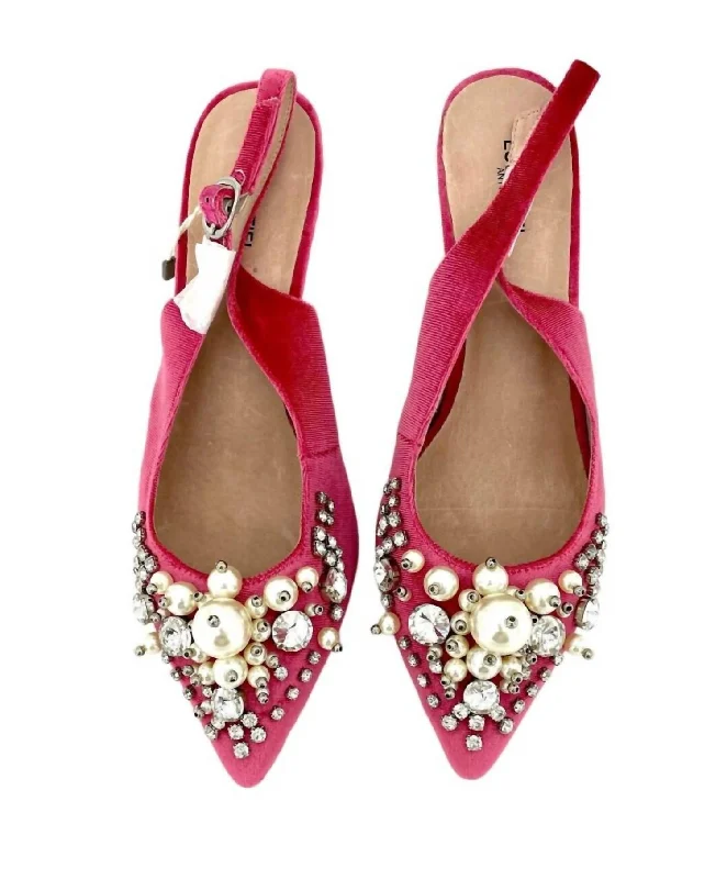 Velvet Crystals Pearls Pointed Toe Kitten Pumps In Pink---Fashionable Kitten Heels for Date Night