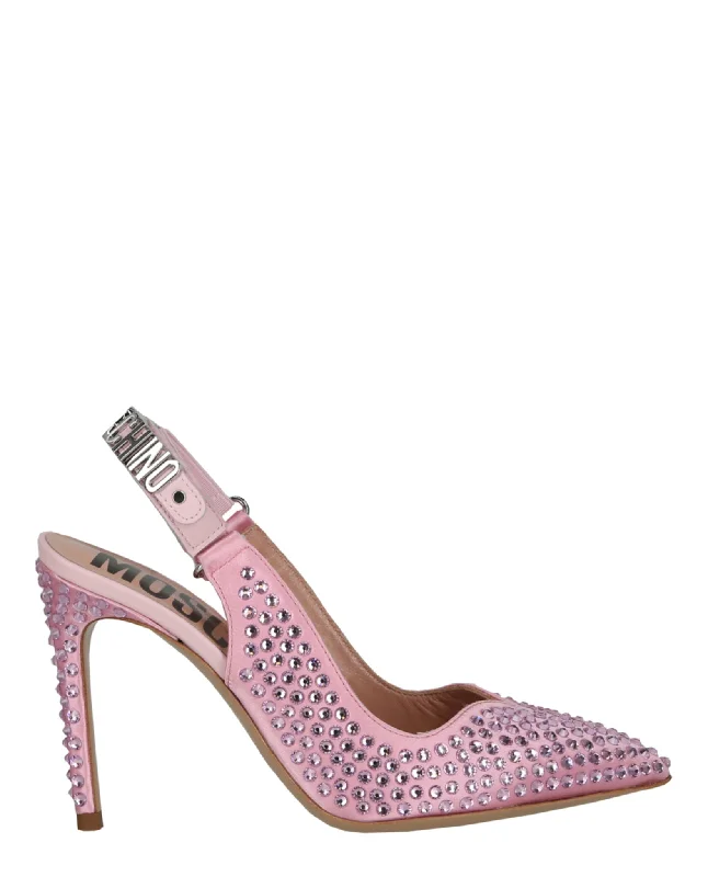 Moschino Womens Crystal Embellished Satin Slingback PumpsAffordable Satin Heels with a Luxe Touch