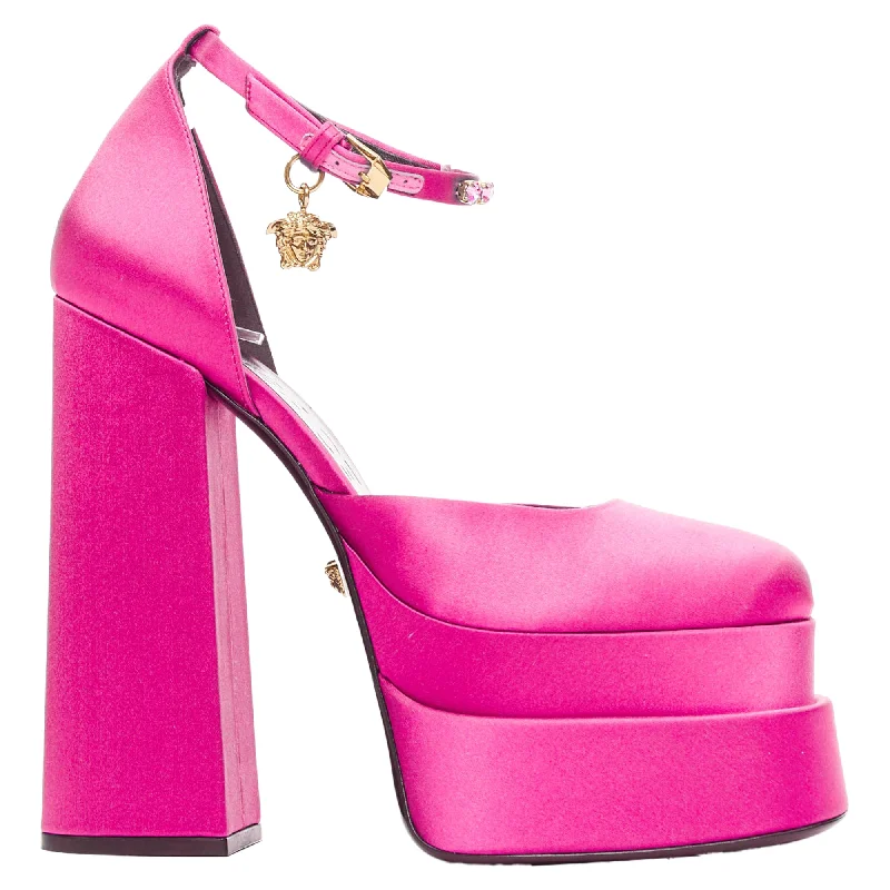 Versace Aevitas Fuchsia Satin Gold Crystal Medusa PlatformAffordable Satin Heels with a Luxe Touch