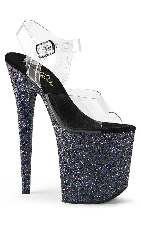 FLAMINGO-808LG Clear & Black Glitter Platform Heels---Trendy Glitter Heels for a Glamorous Look