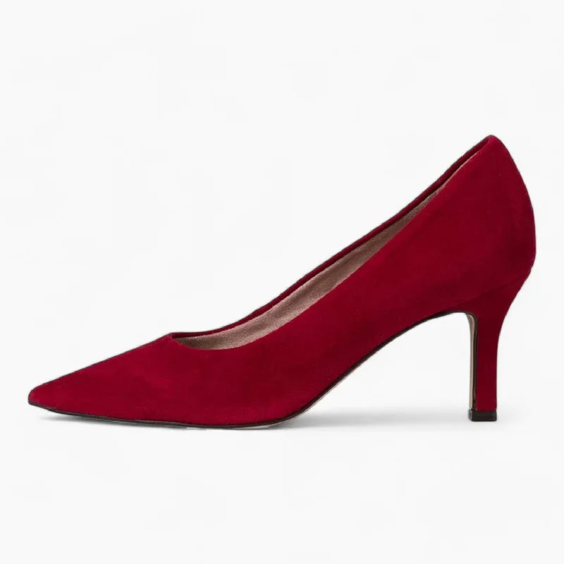 Affordable Suede Ankle Pumps for All-Day Wear--Tamaris Red Suede Leather Heels with 7.5 cm Pointed Toe