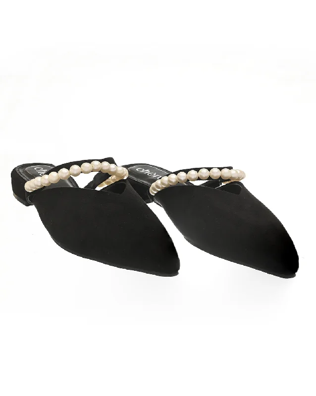 Luxurious Velvet Women's Pumps with Soft Finish---Velvet Noir Pearl Mules for Women