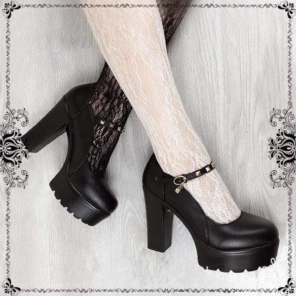 Trendy Chunky Heel Pumps for Casual Wear--Black rivet Lolita high heels yv42575