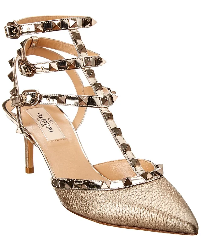 Stylish Ankle Strap Heels for Women--Valentino Rockstud Caged 65 Metallic Leather Ankle Strap Pump