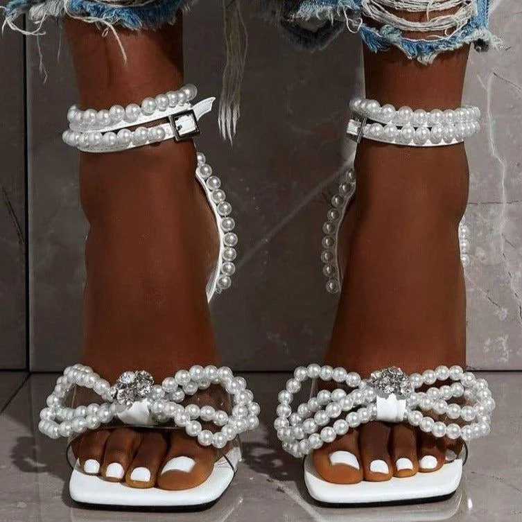 Stylish Ankle Strap Heels for Women--White Pearl Bow Ankle Strap Heels