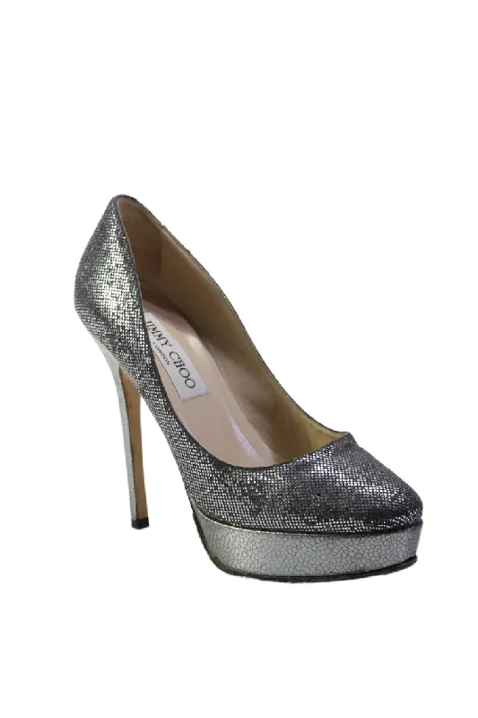 Stylish Platform Heels for Extra Height--Jimmy Choo Womens Platform Slide On High Heel Pumps Pewter Silver