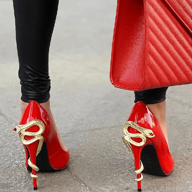 Unique Snake Embellished High Heel PU Pumps - Red---Chic Embellished Pumps for a Glamorous Look