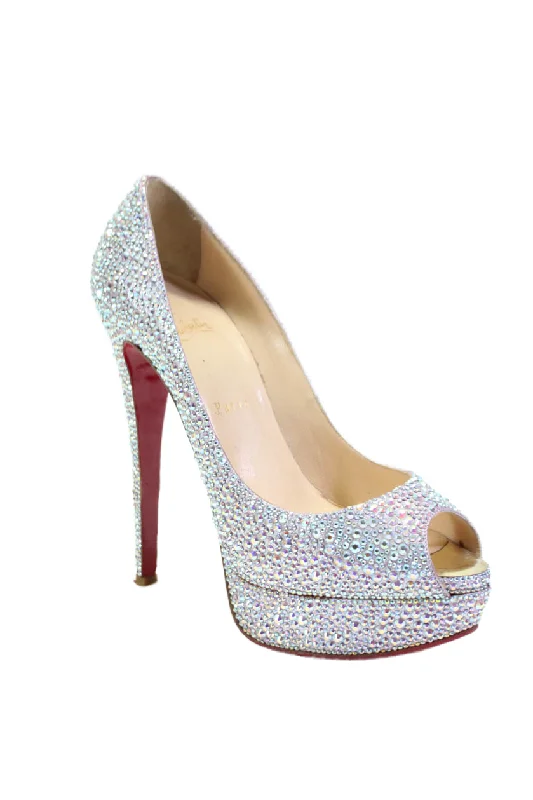 Trendy Peep Toe Platform Heels Crafted from Genuine Leather--Christian Louboutin Womens Jeweled Peep Toe Platform Pumps Silver