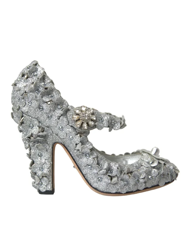 Affordable Rhinestone Pumps for a Dazzling Look---Dolce & Gabbana Silver Floral Crystal Mary Jane Pumps Shoes