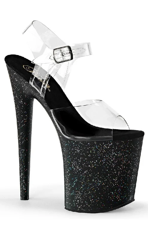 FLAMINGO-808MG Clear & Black Glitter Platform Heels---Trendy Glitter Heels for a Glamorous Look