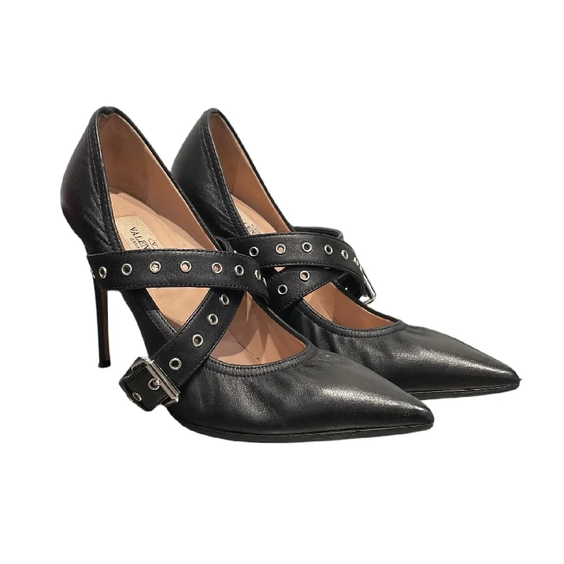 VALENTINO GARAVANI/Heels/EU 36/Leather/BLK/V-Tip/Strap Heel---Comfortable Leather Pumps for Office and Everyday Wear