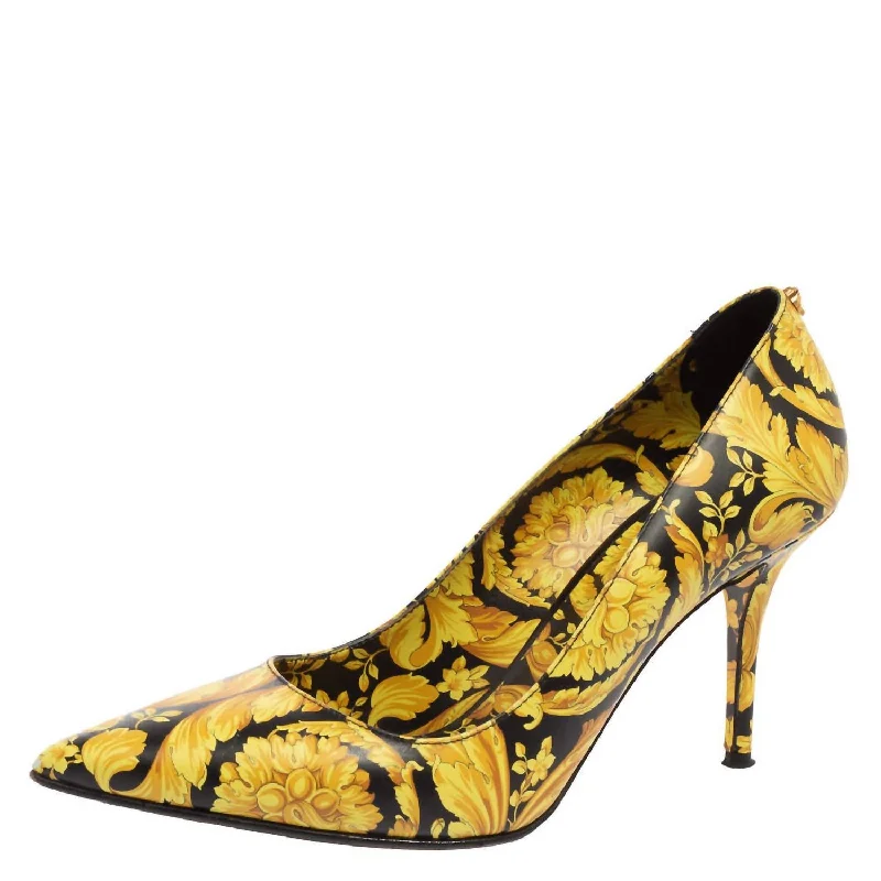 Stiletto Heel Pumps with Perfect Fit--Pre-Loved Abstract Medusa Pointed Toe Pumps In Black & Yellow-Fashionable & Classic