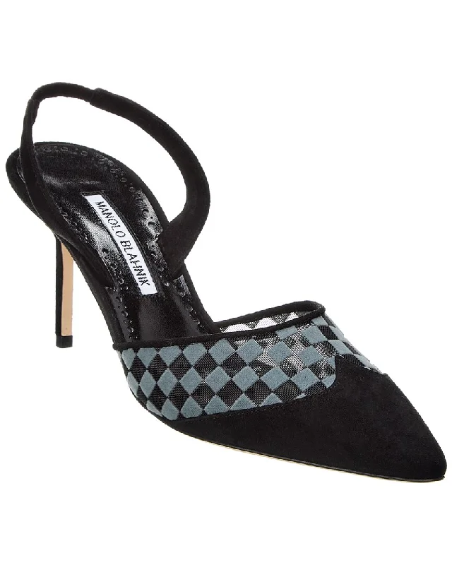 Affordable Suede Ankle Pumps for All-Day Wear--Manolo Blahnik Mingosli 70 Mesh & Suede Slingback Pump