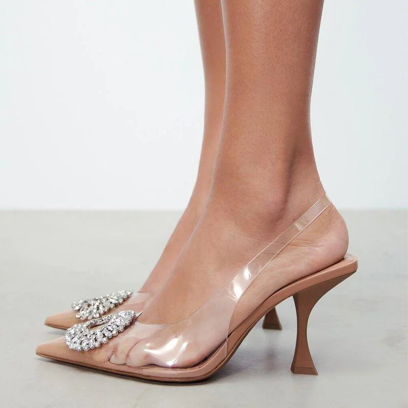 Stiletto Heel Pumps with Perfect Fit--Nude Rhinestones Pointed Toe-Fashionable & Classic