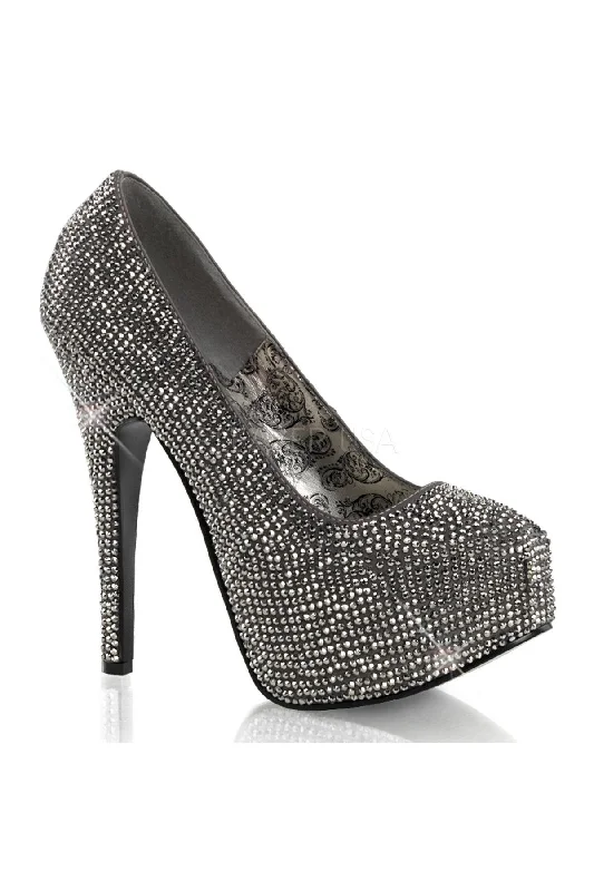 TEEZE-06R Gray Satin-Pewter Rhinestone HeelsAffordable Satin Heels with a Luxe Touch