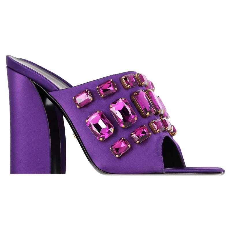 Trendy Peep Toe Platform Heels Crafted from Genuine Leather--Gucci Tessa Crystal Embellished Peep Toe Mules in Purple Satin