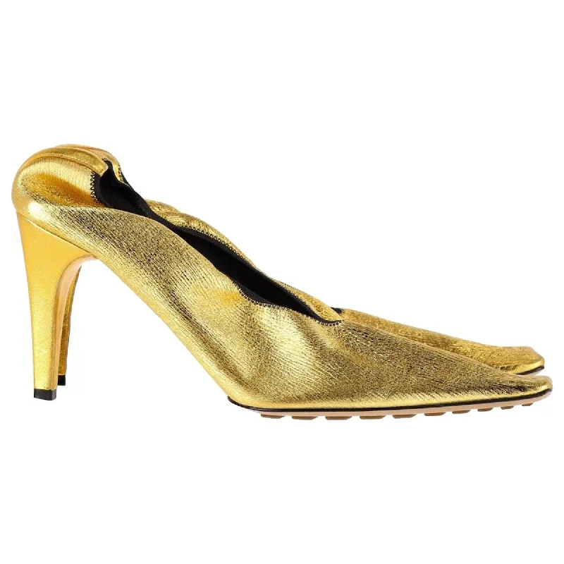 Bottega Veneta Sharpei Metallic Square-Toe Pumps in Gold Leather---Comfortable Leather Pumps for Office and Everyday Wear