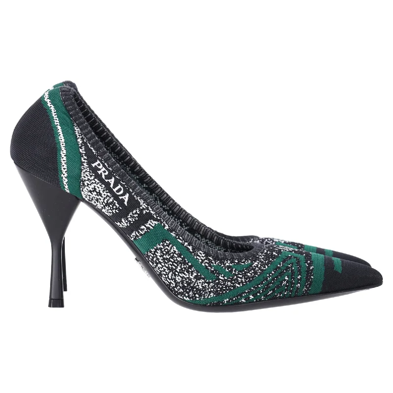 Versatile Heeled Sandals for Any Occasion---Prada Printed Knit Pointed Pumps in Green and Black Polyester