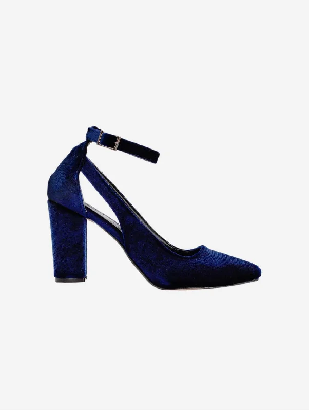 Trendy Chunky Heel Pumps for Casual Wear--Colette Vegan Velvet Block Heels | Dark Blue