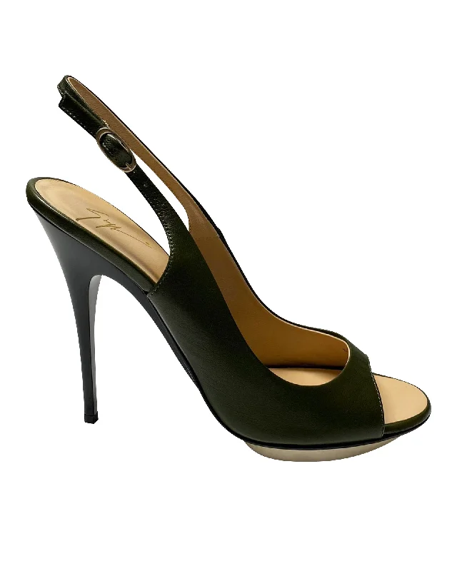 Trendy Peep Toe Platform Heels Crafted from Genuine Leather--Giuseppe Zanotti Peep Toe Slingback Pumps in Black Leather