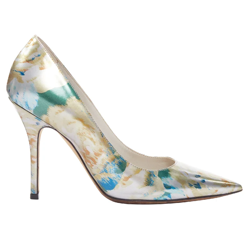 Versatile Heeled Sandals for Any Occasion---Dior Raf Simons Metallic Abstract Print Pointy Pumps