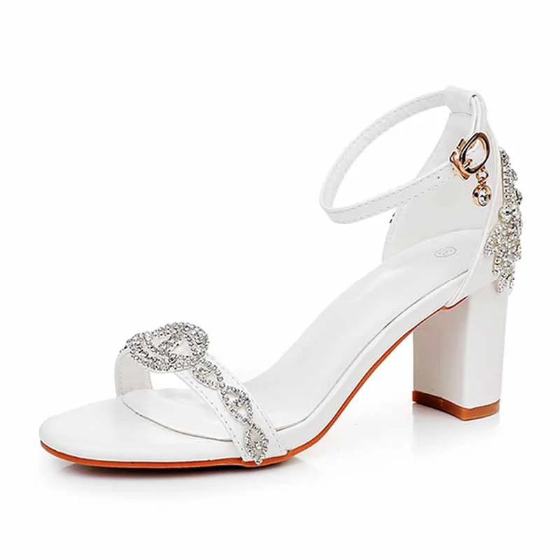 Stylish Ankle Strap Heels for Women--2.95" 3.74" White Crystal Ankle Strap Chunky Heels Summer Wedding Dress Shoes