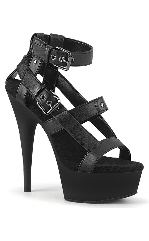 DELIGHT-637 Black Vegan Leather Gladiator Heels---Comfortable Leather Pumps for Office and Everyday Wear