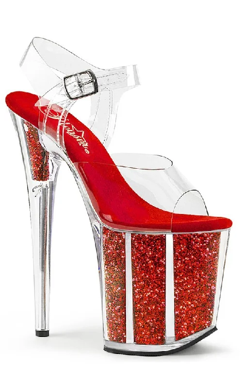 FLAMINGO-808G Clear & Red Glitter Platform Heels---Trendy Glitter Heels for a Glamorous Look