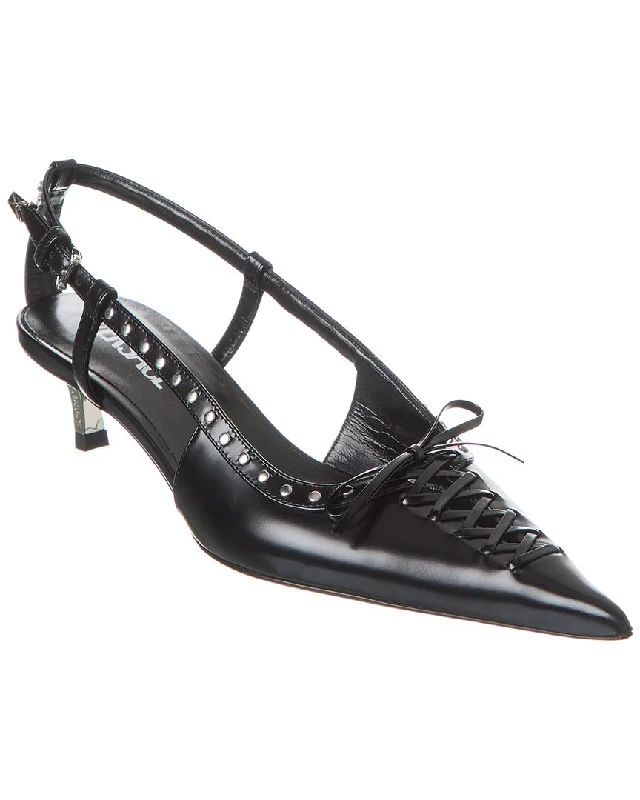 Fashionable Leather Slingback Pumps for Casual Wear--Versace Laced Pin-Point Leather Slingback Pump