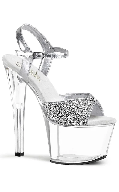 SKY-310 Silver Glitter & Clear Platform Heels---Trendy Glitter Heels for a Glamorous Look