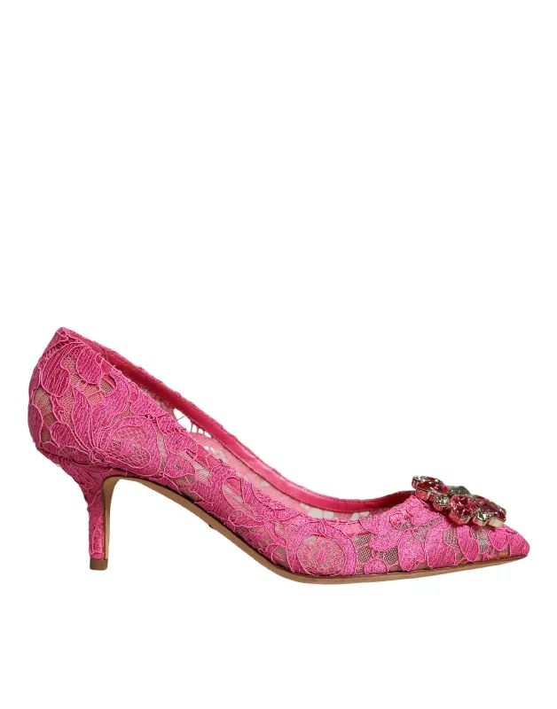 Affordable Rhinestone Pumps for a Dazzling Look---Dolce & Gabbana Pink Taormina Lace Crystal Heels Pumps Shoes