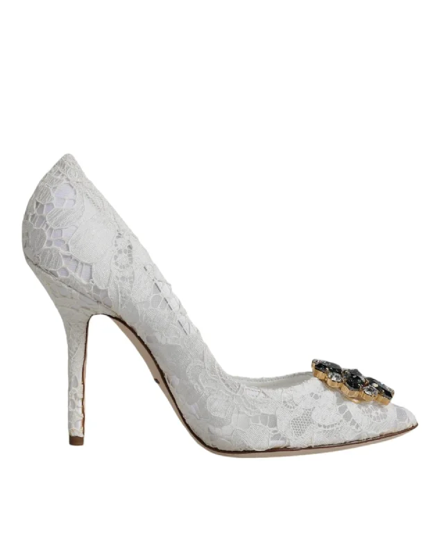 Dolce & Gabbana Lace Crystal Embellished Heel Pumps with Leather Sole---Comfortable Leather Pumps for Office and Everyday Wear