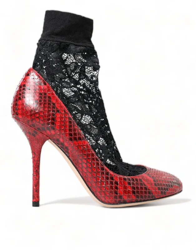 Stylish Lace Pumps for a Chic Look--Dolce & Gabbana  Almond Toe Snakeskin Pumps with Lace Women's Socks